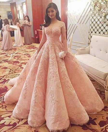 Romantic Pink Sweetheart Tulle Ball Gown Wedding Dress with Lace Appliques_2