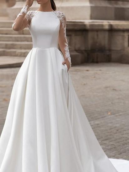 A-Line Wedding Dress Jewel Lace Satin Long Sleeves Bridal Gowns Simple Sexy See-Through with Sweep Train_3