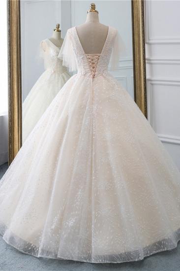 TsClothzone Gorgeous Ball Gown V-Neck Tulle Beadings Wedding Dress Rhinestones Appliques Bridal Gowns with Short Sleeves On Sale_3