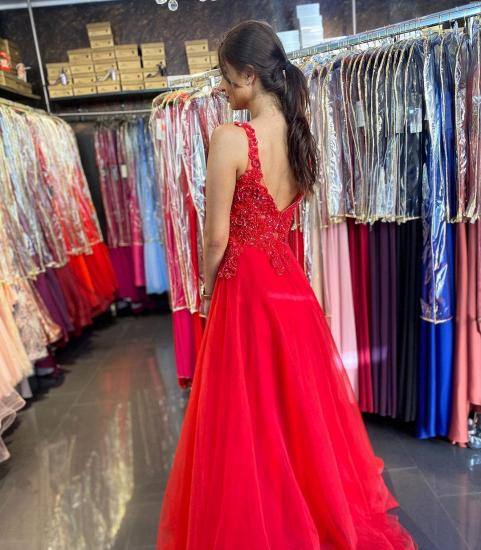 Red Sleeveless Lace Prom Dress V-neck Aline Long Formal Dress_2