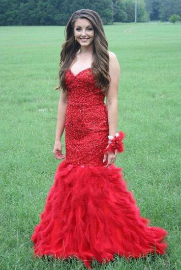 Red Sweetheart Mermaid Prom Dress Crystal Gorgeous Tulle Evening Gowns_2