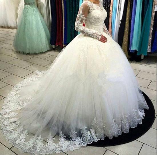 Long Sleeve Lace Ball Gown Wedding Dress Tulle Sweep Train Bridal Gowns_4