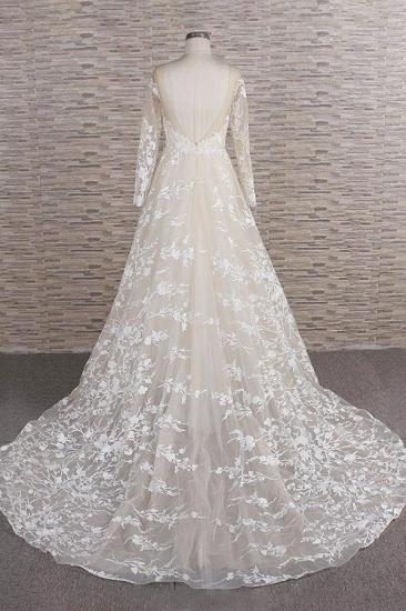 Glamorous Jewel Longsleeves Champagne Wedding Dress | A-line Lace Bridal Gowns With Appliques_3