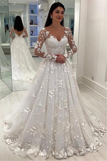 Elegant Long Sleeves V-Neck A-Line Wedding Dress | Lace Appliques Sweep Train Bridal Gown On Sale