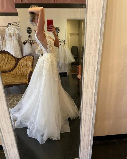 Elegant Double V-Neck Lace Appliques Detachable Train Wedding Bridal Dress_3