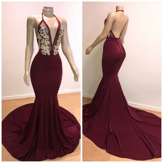 Backless Burgundy Prom Dresses | Sleeveless Mermaid Cheap Evening Gowns with Crystals_2