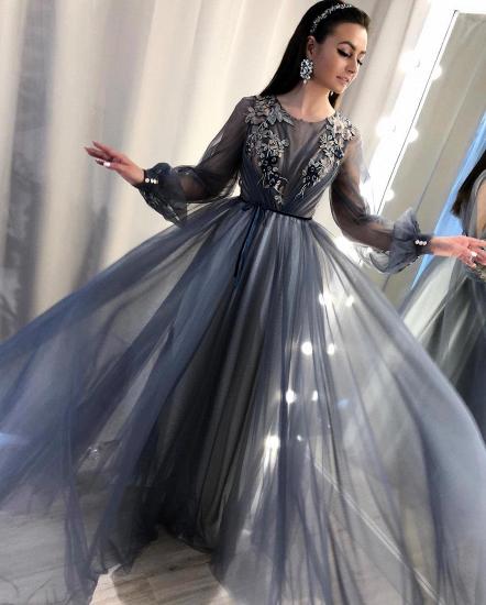 Trendy A-Line Tulle Evening Dresses | Long Sleeves Applqiues Affordable Prom Dresses_3