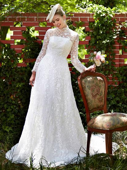 Illusion A-Line Wedding Dress Floral Lace Long Sleeve Bridal Gowns Court Train