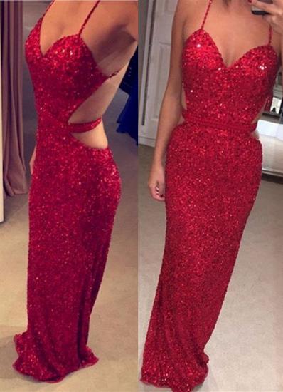 Spaghetti Straps Sequined Open Back Evening Dresses Sexy Red Sheath Prom Dress 2022