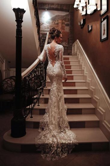 Elegant Long Sleeves White Lace Mermaid Wedding Dress_5