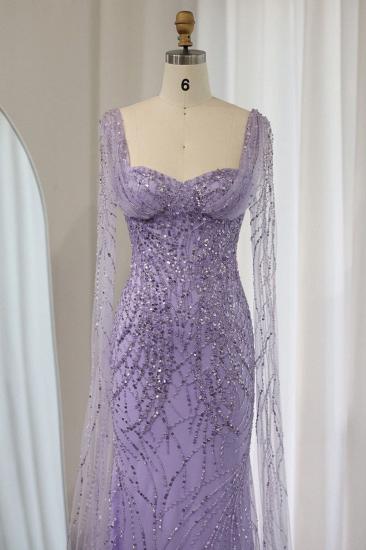 Wunderschöne herzförmige lila Meerjungfrau-Abendkleider mit Cape-Ärmeln, glitzernden Perlen und Pailletten, langes Hochzeitskleid_3