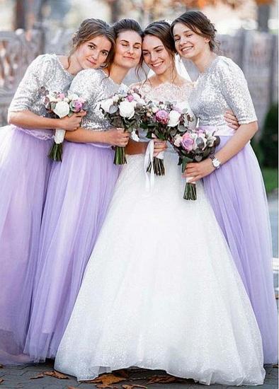 Kaufen Sie wunderschöne Brautjungfernkleider in A-Linie mit Pailletten-Spitze, Juwel, Lavendel und Lila mit Gürtel für Strandhochzeiten_2
