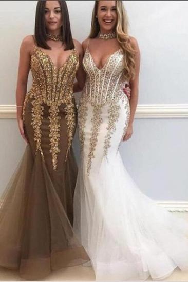 Sweetheart Spaghetti Golden Appliques Tulle Mermaid Prom Dresses_2