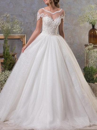 Sexy A-Line Wedding Dresses Jewel Lace Tulle Short Sleeve Bridal Gowns Vintage See-Through Backless Court Train_1