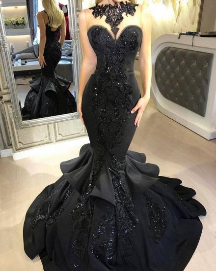 Sexy Black Mermaid Prom Dress Long Sequins Ruffles Party Gowns_3