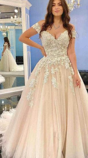 Glamorous Off Shoulder 3D Floral Lace Wedding Tulle Aline Bridal Dress_3