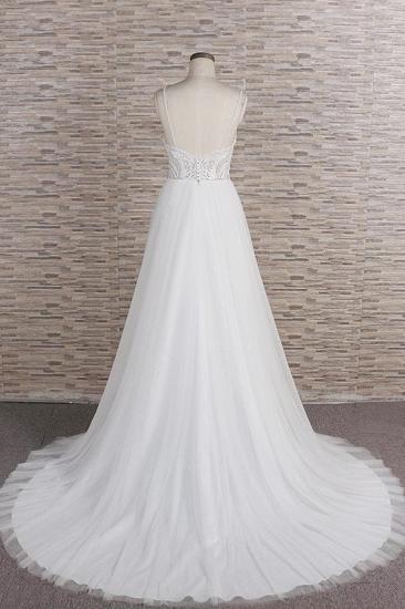 Glamouröse Spaghettiträger mit V-Ausschnitt, weißes Hochzeitskleid | A-Linie ärmellose Tüll-Spitze-Brautkleider_3