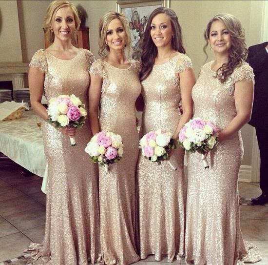 Sexy Sequined Scoop Party Dress 2022 Cap Sleeve Sweep Train Beading Bridesmaid Dresses_3
