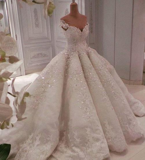 Glmorous Sweetheart Cap Sleeve Perlen Brautkleid | Long Lace Appliques Puffy Bridal Ball Gown