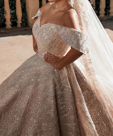 Luxurious Off-the-Shoulder Sequins Ball Gowns for Women A-line Satin Wedding Gowns_2