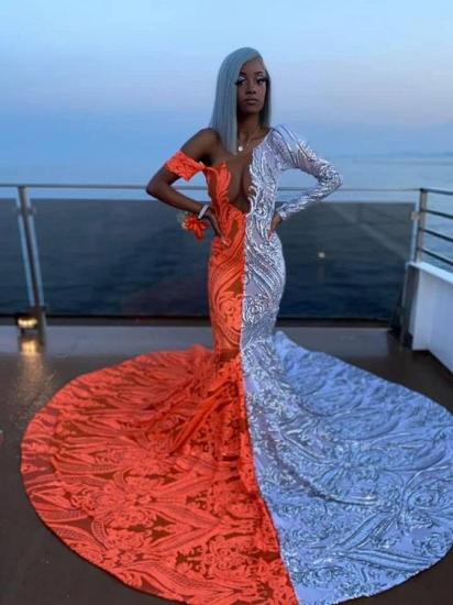 Half half sequin mermaid off the shoulder prom dress with court train_2
