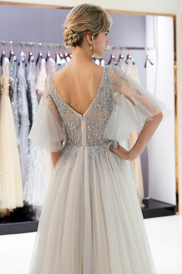 MARIE | A-line V-neck Floor Length Beading Tulle Evening Gowns with Sleeves_14