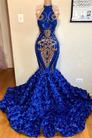 Royal Blue Halter Mermaid Prom Dresses | Gorgeous Sleeveless Flowers Long Evening Gowns_1