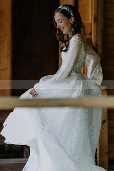 Bateau Tulle A-Line Lace Long Sleeves Chapel Train White Wedding Dresses_2