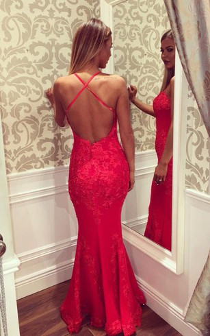 Elegant Halter Red Lace Mermaid Long Prom Dress Online_3