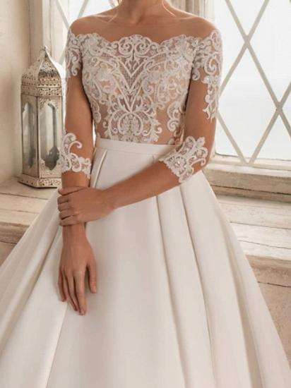 Formal A-Line Wedding Dress Bateau Lace Satin 3/4 Length Sleeves Bridal Gowns with Sweep Train_2