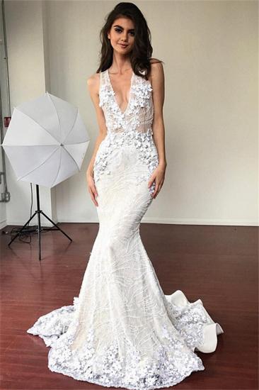 Sexy Mermaid V-Ausschnitt ärmellose Brautkleider | Elegante Brautkleider mit Spitzenblumen 2022