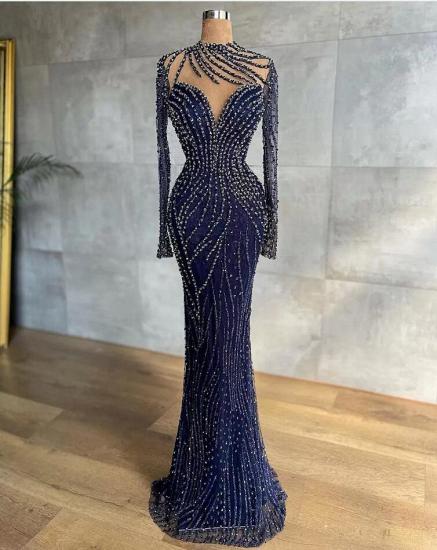Trendy Turtleneck Navy Mermaid Evening Dress with Detachable Tulle Train Crystal Beads Long Ball Gown_2