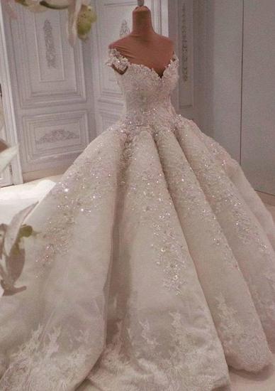 Glmorous Sweetheart Cap Sleeve Perlen Brautkleid | Long Lace Appliques Puffy Bridal Ball Gown_3