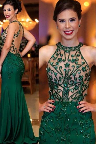 Sexy Sleeveless Round Neck Beading Prom Dresses With Open Back | Dark Green Evening Gowns