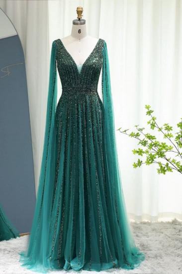 Luxuriöses Abendkleid mit tiefem V-Ausschnitt und Perlenstickerei im Meerjungfrau-Stil, Cape-Ärmel, Tüll, Aline Dubai-Partykleid