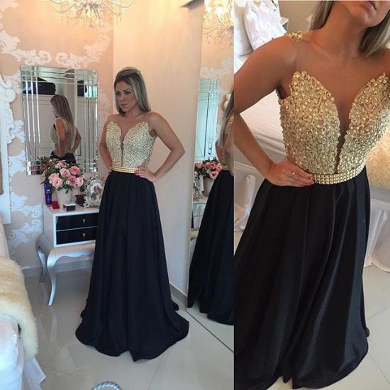 2022 Black Prom Dresses Sleeveless Gold Beads Illusion Back Evening Gowns_4