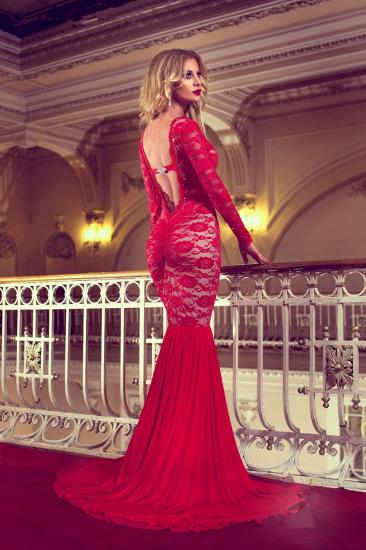 Sexy Red Lace Sweep Trian Evening Dress Mermaid Long Sleeve Backless Prom Dress_3
