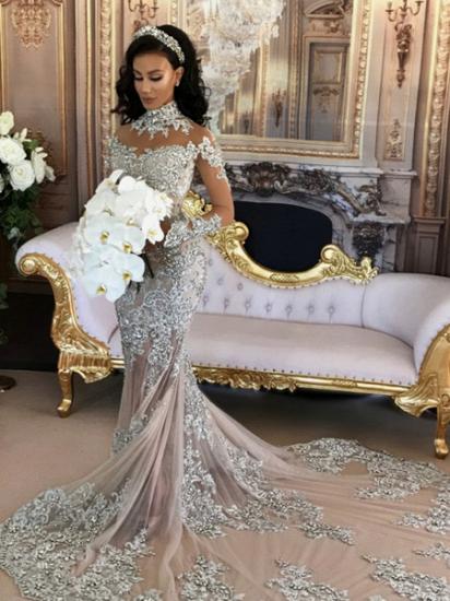 Long Sleeve Silver High Neck Popular Evening Dress Lace Mermaid Luxury Wedding Dresses_2
