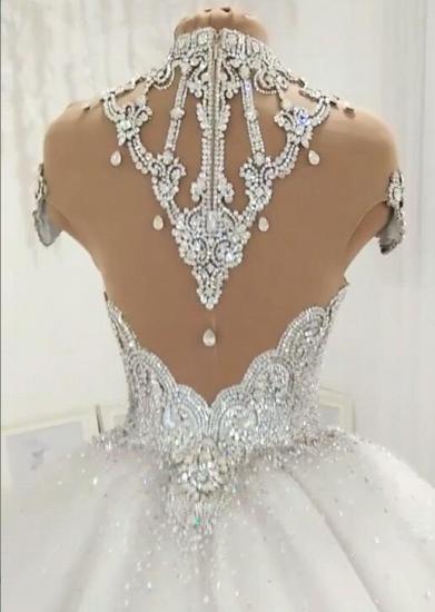 Glamouröse Brautkleider mit Stehkragen und Kristall | 2022 Kurzärmliges Brautballkleid aus transparentem Tüll_4