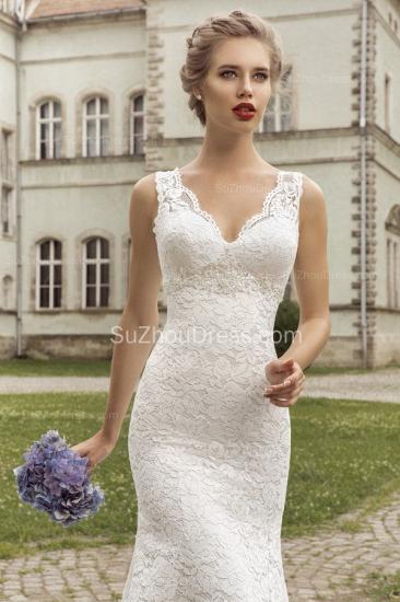Sexy Mermaid Lace Bridal Gowns V Neck Court Train Wedding Dress with Appliques_3