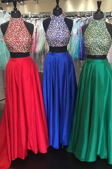 Sexy Two Piece Evening Gowns Halter Backless Prom Dress 2022 with Beads