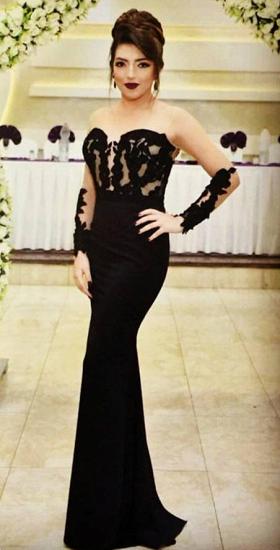 Sexy Mermaid Black Evening Dress 2022 Long Sleeve Appliques Sheer Formal Dress Cheap