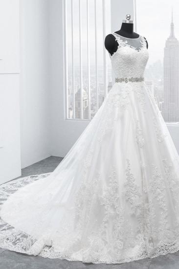 TsClothzone Simple Jewel Tulle Lace Wedding Dress A-Line Appliques Beadings Bridal Gowns with Sash Online_4
