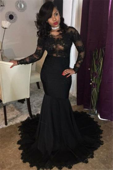 Sexy Black Lace Tulle Prom Dresses | Mermaid Long Sleeve Cheap Evening Gown 2022_1