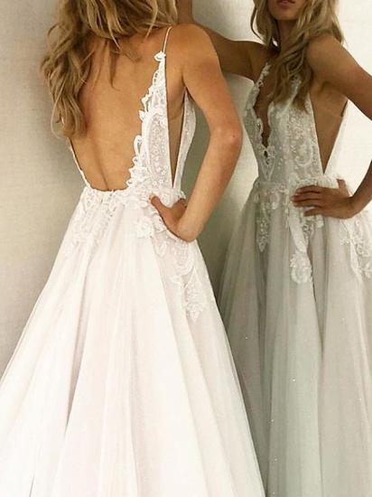 Sexy A-Line Wedding Dress V-neck Lace Tulle Sleeveless Bridal Gowns with Sweep Train_3