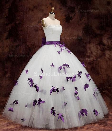 Elegante weiße trägerlose Ballkleid-lange Hochzeits-Kleider mit lila Schmetterlings-einzigartiger bördelnder Schärpe Bowknot-Brautkleidern_2