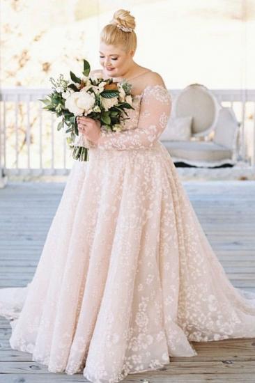 Plus Size Floral Tulle Wedding Dress A-line Off Shoulder Long Sleeves Bridal Dress