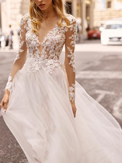 Beach  Boho A-Line Wedding Dress V-neck Lace Tulle Long Sleeve Sexy See-Through Bridal Gowns_3