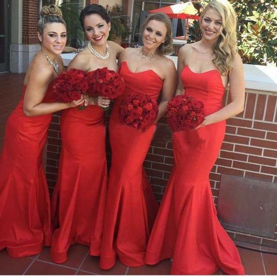 Elegant Red Mermaid Long Bridesmaid Dresses Simple Cheap Satin Floor Length Formal Wedding Dress Under 100_1