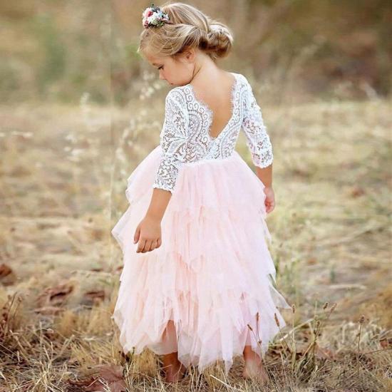 Cute Long Sleeves White and Pink V-back Flower Girl Dresses | Jewel Tea Length Lace Tulle Little Girls Peagant Dress_4